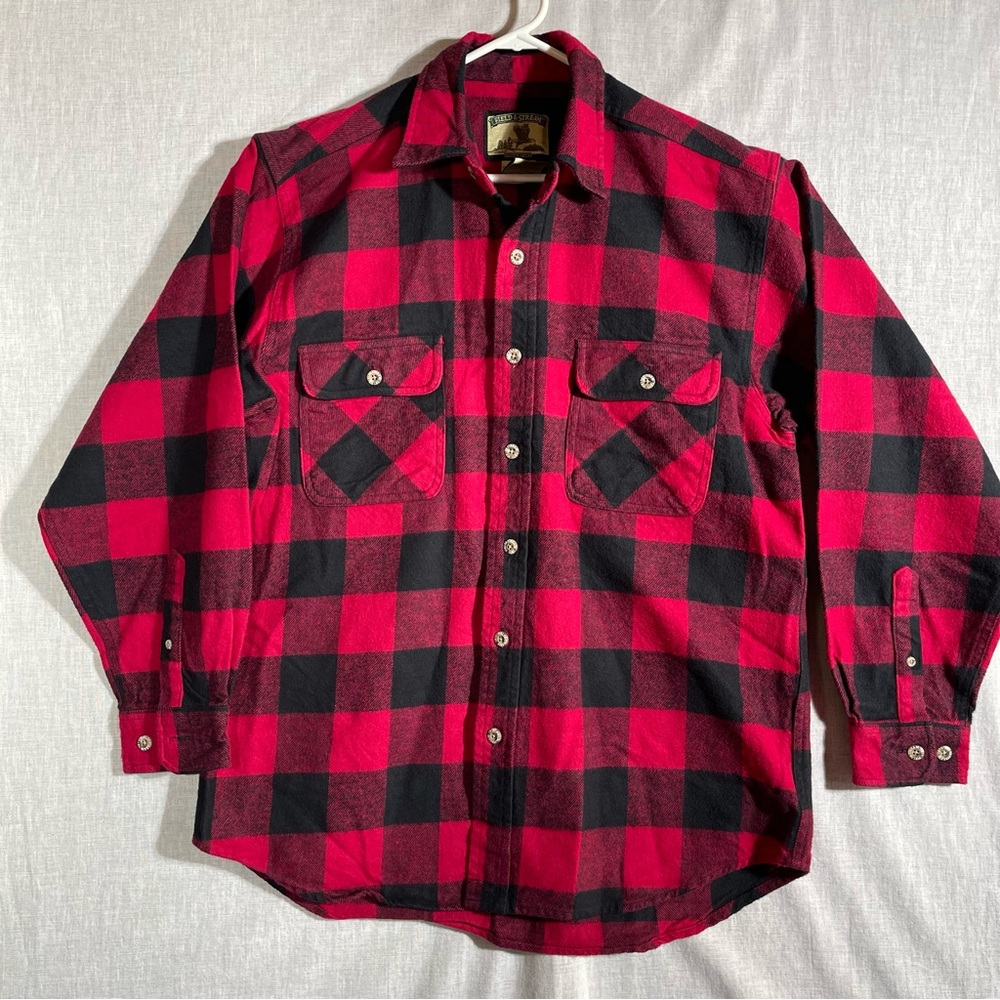 Vintage Field & Stream Heavy Cotton Flannel Men's Med Buffalo Plaid Shirt Red